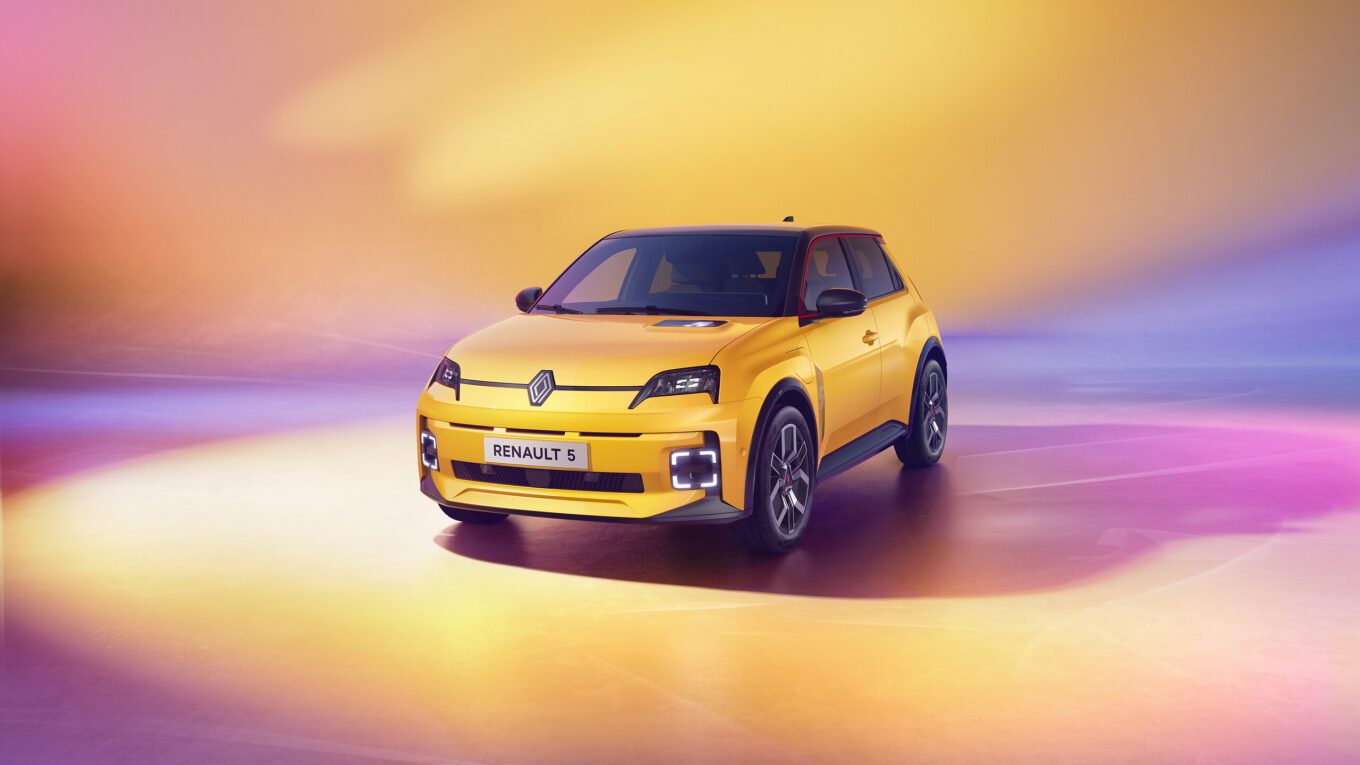 Renault 5 E-Tech electric jaune face avant gauche